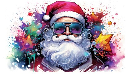  a drawing of santa claus wearing sunglasses and a santa hat with a star on the left side of the image and a star on the right side of the image.
