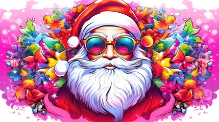  a cartoon santa clause wearing sunglasses and a santa hat with a lot of candy on it's head, surrounded by stars, snowflakes, snowflakes, and snowflakes.