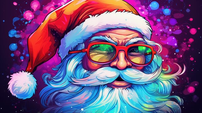  a digital painting of a santa claus wearing sunglasses and a santa hat on a dark background with snow flakes and snow flakes in the foreground is a.