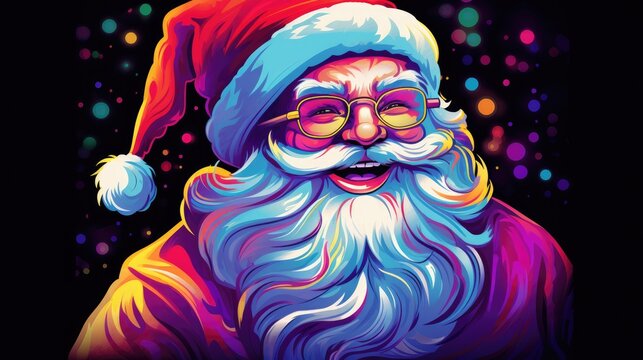  a close up of a painting of a santa clause wearing glasses and a santa hat on a black background with multicolored lights coming from the top of the image.