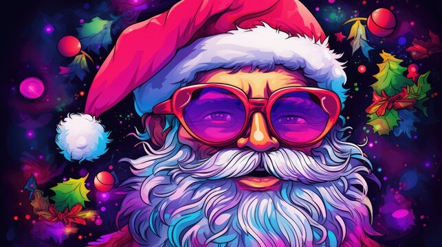  a digital painting of a santa claus wearing sunglasses and a santa hat with christmas decorations around him and on a dark blue background with stars and snowflecks.
