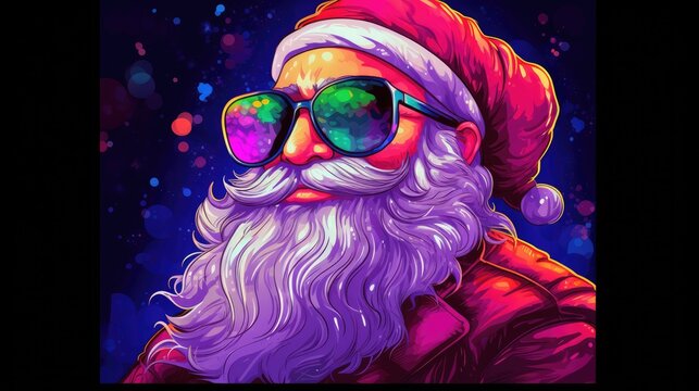  a digital painting of a santa clause wearing sunglasses and a santa hat with a beard and beard, wearing a santa hat, sunglasses, and a red jacket,.