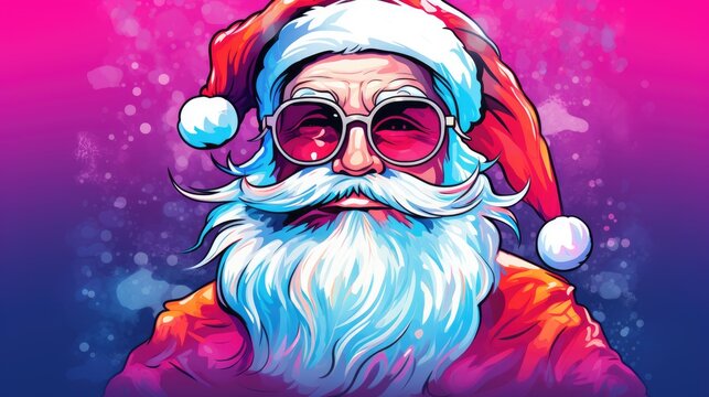  a santa claus wearing sunglasses and a santa hat with a santa clause on it's head and a pink and blue background with snow flecks on it.