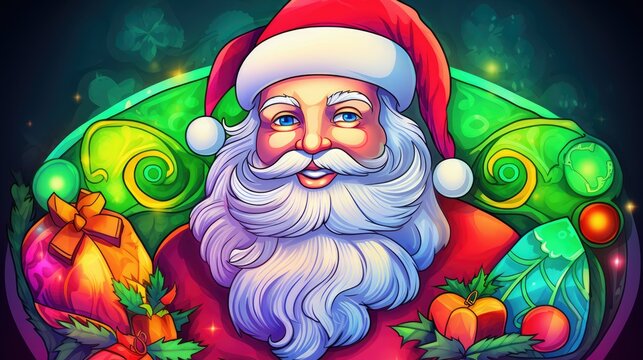  a digital painting of a santa clause with a beard and a beard, surrounded by christmas decorations, and a bell with a bell hanging from the top of a bell.