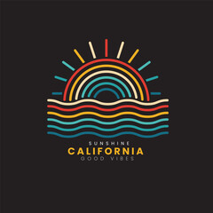 Retro vintage California sunset beach logo badges on black background graphics for t-shirts and other print production. 70s-style concept. Line art. Vector illustration for design.