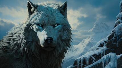 a painting of a wolf standing in front of a mountain with icicles on it's face and looking at the camera with a menacing look on his face.