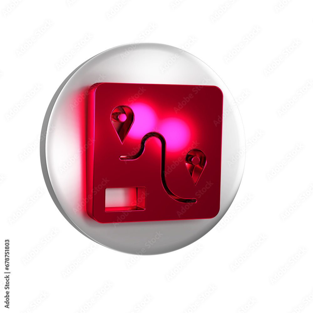 Poster red route location icon isolated on transparent background. train line path of train road route with