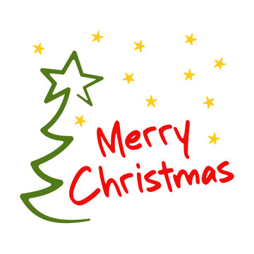 Merry Christmas lettering with christmas tree and stars