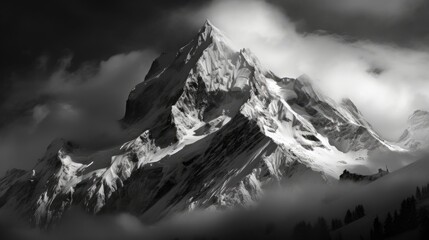  a black and white photo of the top of a snow - capped mountain with clouds in the foreground and trees in the foreground, with a dark sky and clouds in the foreground.