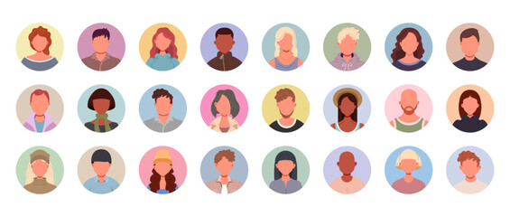 User avatars in circles. Collection of male and female human profile face icons. Unknown or anonymous person.  People portraits vector illustration.
