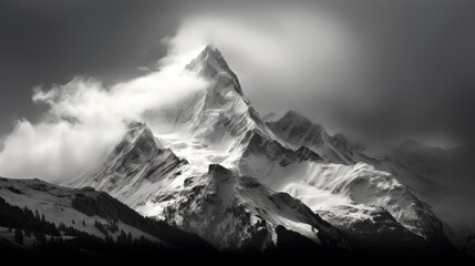  a black and white photo of the top of a snow - capped mountain with clouds in the foreground and trees in the foreground, in the foreground.