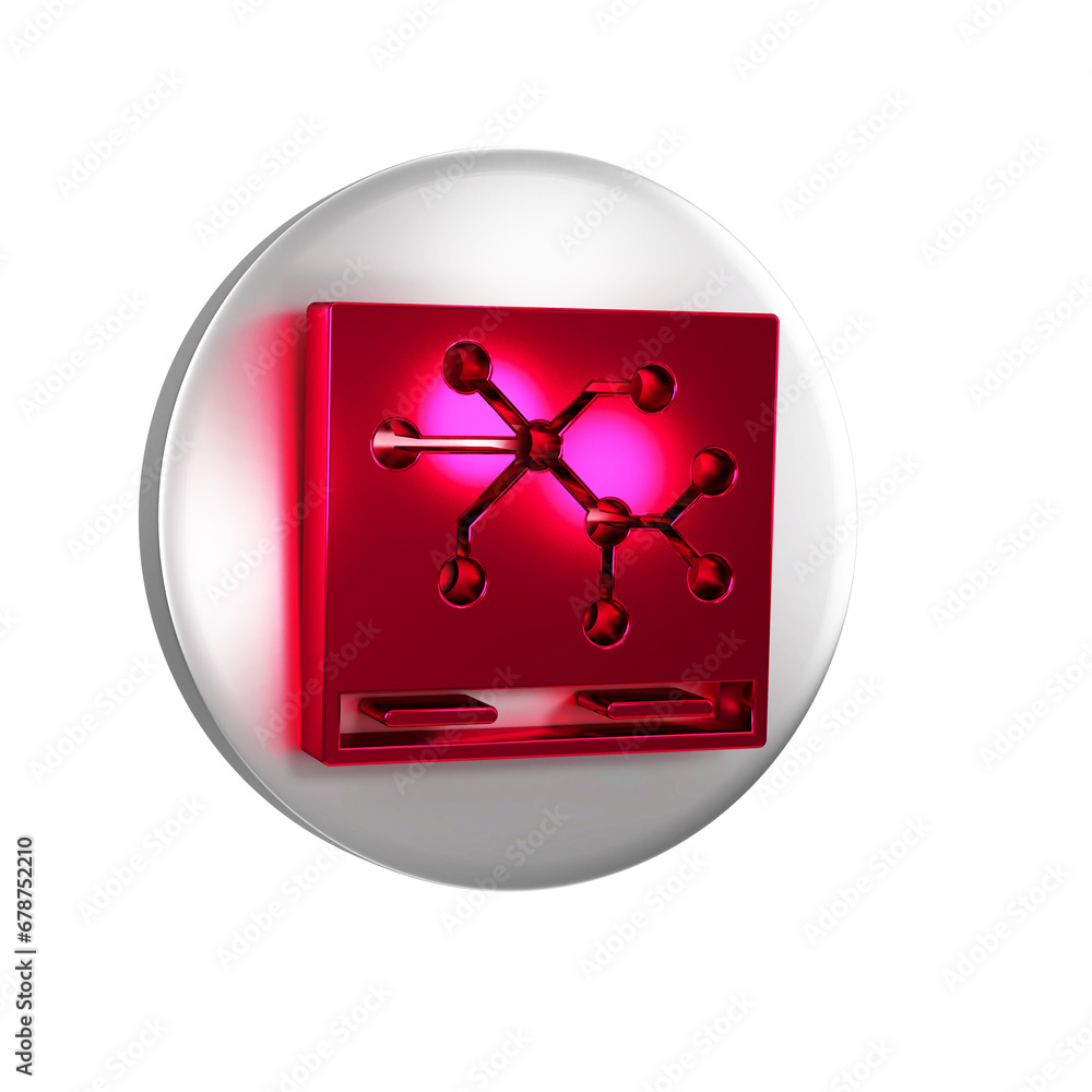 Poster red railway map icon isolated on transparent background. silver circle button.