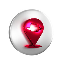 Red Location pirate icon isolated on transparent background. Silver circle button.