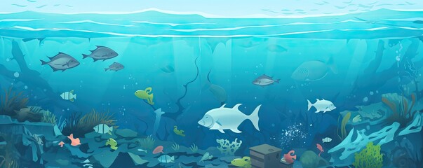Fototapeta na wymiar Plastic ocean pollution. Whale Shark filter feeds in polluted ocean, ingesting plastic. AI generated illustration