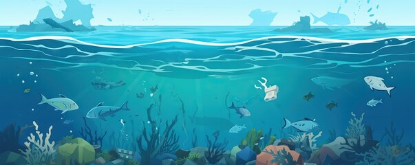 Plastic ocean pollution. Whale Shark filter feeds in polluted ocean, ingesting plastic. AI generated illustration
