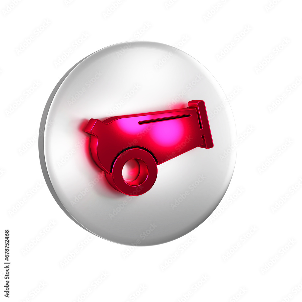 Poster red cannon icon isolated on transparent background. medieval weapons. silver circle button.