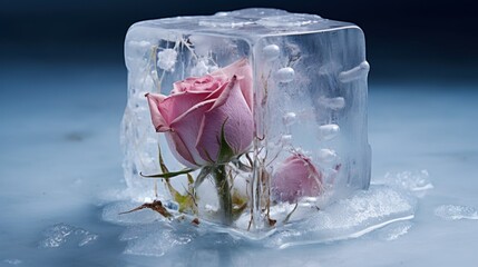 Cryotherapy Beauty Treatment, cold therapy skincare. Cube ice with flower inside. Melting ice cube with flowers on blue background. floral ice, ice cubes with frozen rose flowers