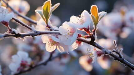 Frost on Fruit Tree Blossoms. Protecting Fruit Trees From Frost Damage. Frost Damage on Buds in Blossom Tree Fruit