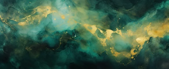 Muurstickers New year 2024 Dragon green and gold colors abstract background of marble liquid ink art painting texture. dark green and gold Alcohol ink artwork watercolor web banner © irissca