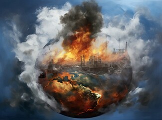 Earth destroyed by pollution. Global catastrophe concept (greenhouse effect, global warming are destroying our planet). AI generated illustration