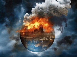 Earth destroyed by pollution. Global catastrophe concept (greenhouse effect, global warming are destroying our planet). AI generated illustration