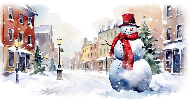  a watercolor painting of a snowman in a red hat and scarf standing in the middle of a snowy street with buildings and a lamppost in the background.