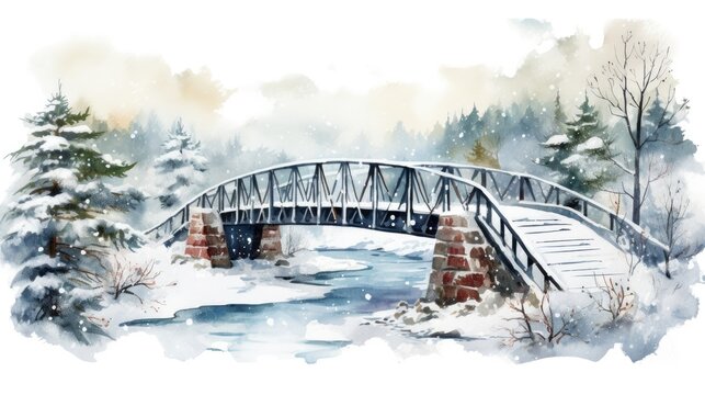  a watercolor painting of a bridge over a river in a winter scene with snow on the ground and trees on the other side of the bridge and snow on the ground.