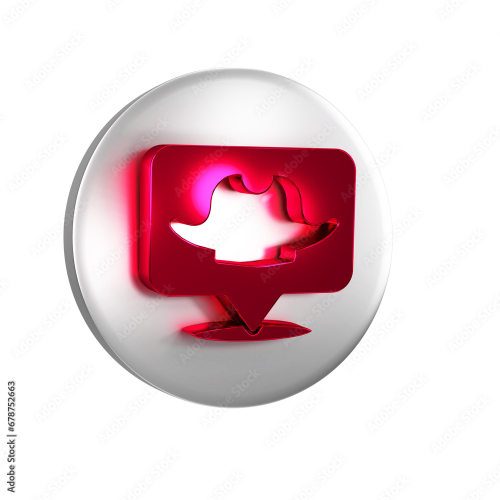 Poster red location pirate icon isolated on transparent background. silver circle button.