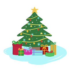 Natal tree and decoration box gift with green , gold, white, purple, pink, yellow, blue, and red colors that can be use for social media, wallpaper, sticker, t-shirt, e.t.c.