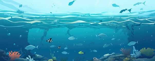 Naklejka na ściany i meble Plastic Pollution In Ocean - Underwater Shine With garbage Floating On Sea - Environmental Problem. AI generated illustration