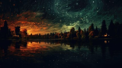  a painting of a night sky over a lake with trees in the foreground and a star filled sky in the middle of the night, with stars in the background.