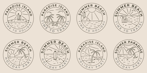 set bundle summer beach and paradise island line art logo icon symbol, with emblem minimalist vector illustration design. - obrazy, fototapety, plakaty