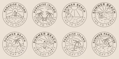 Fotobehang set bundle summer beach and paradise island line art logo icon symbol, with emblem minimalist vector illustration design. © Sypit08