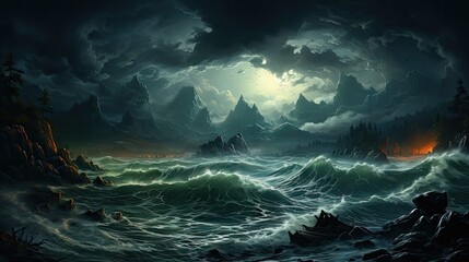  a painting of a large body of water in the middle of a dark, stormy night with a full moon in the sky above the water and mountains in the distance.