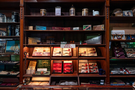 San Diego, California - May 11, 2023: The inside of a traditional tobacco store with various smoking products neatly arranged on shelves in Old Town, San Diego, California