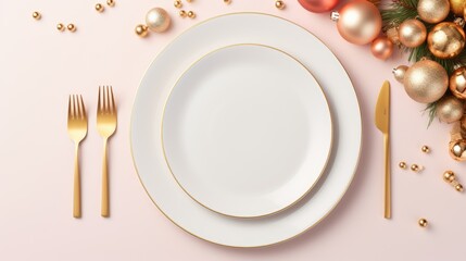  a white plate topped with a fork and knife next to a white plate with a gold rimmed fork and a white plate with a gold rim on a pink background.