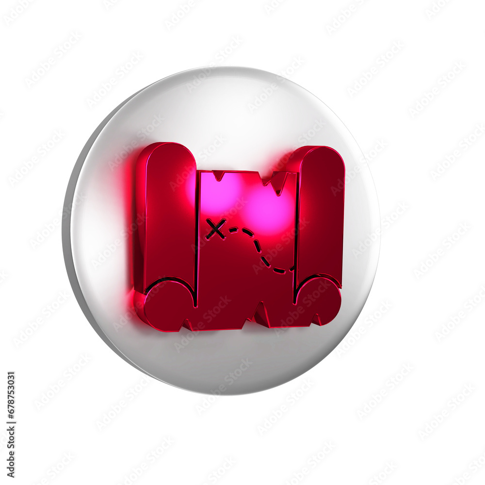 Poster red pirate treasure map icon isolated on transparent background. silver circle button.