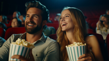 A couple sits and eats a big bucket of popcorn together in a fun, funny, stress-relieving movie theater. The best time to relax.