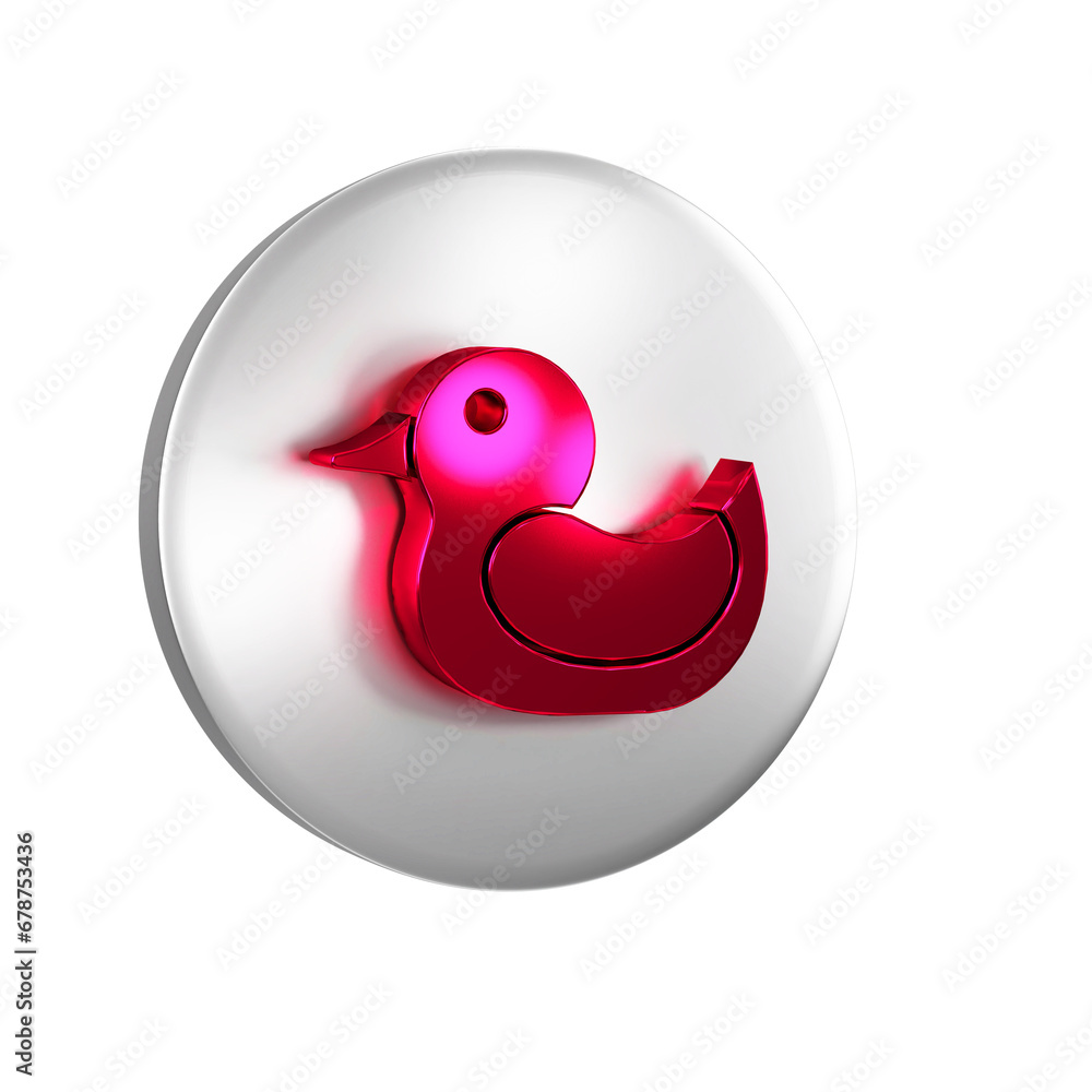 Poster red rubber duck icon isolated on transparent background. silver circle button.