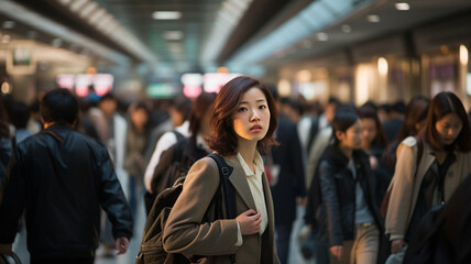 Fototapeta premium Asian Woman in the City Pulse: A Tranquil Commute Amid Urban Hustle.