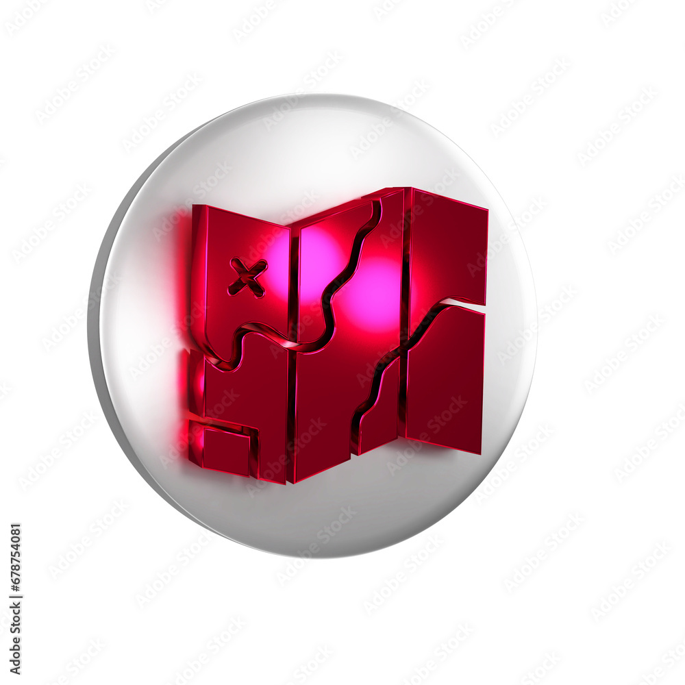 Poster red folded map icon isolated on transparent background. silver circle button.