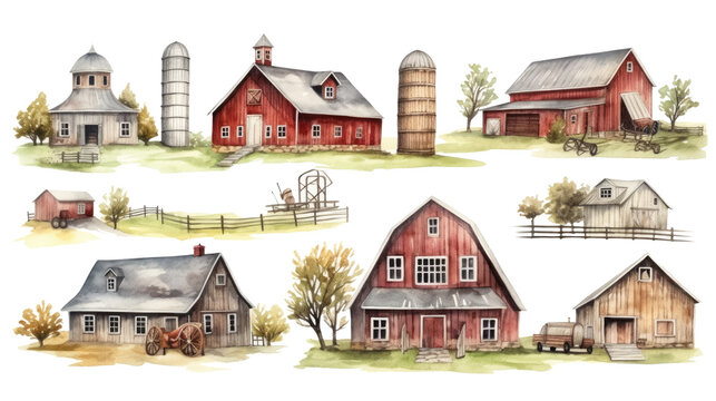 watercolor farm ornament set. Hand drawn isolated on transparent background.