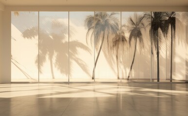 Shadow of palm leaves on a warm, sandy-toned wall in a modern room.