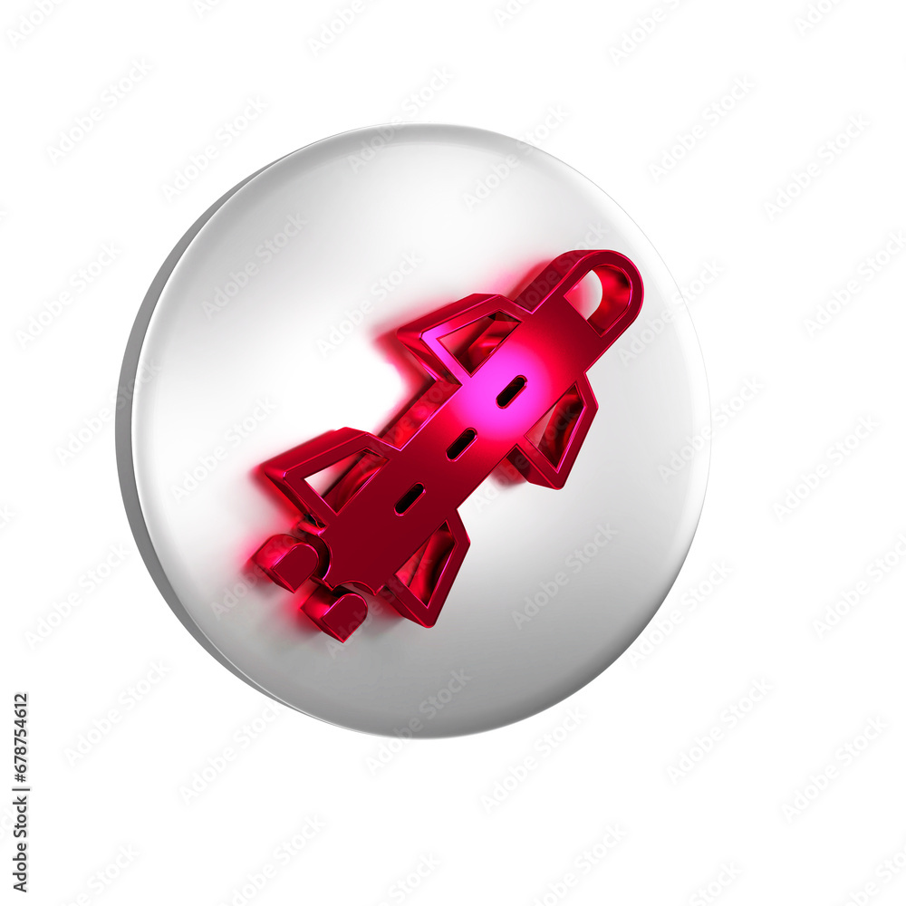 Poster red rocket icon isolated on transparent background. silver circle button.