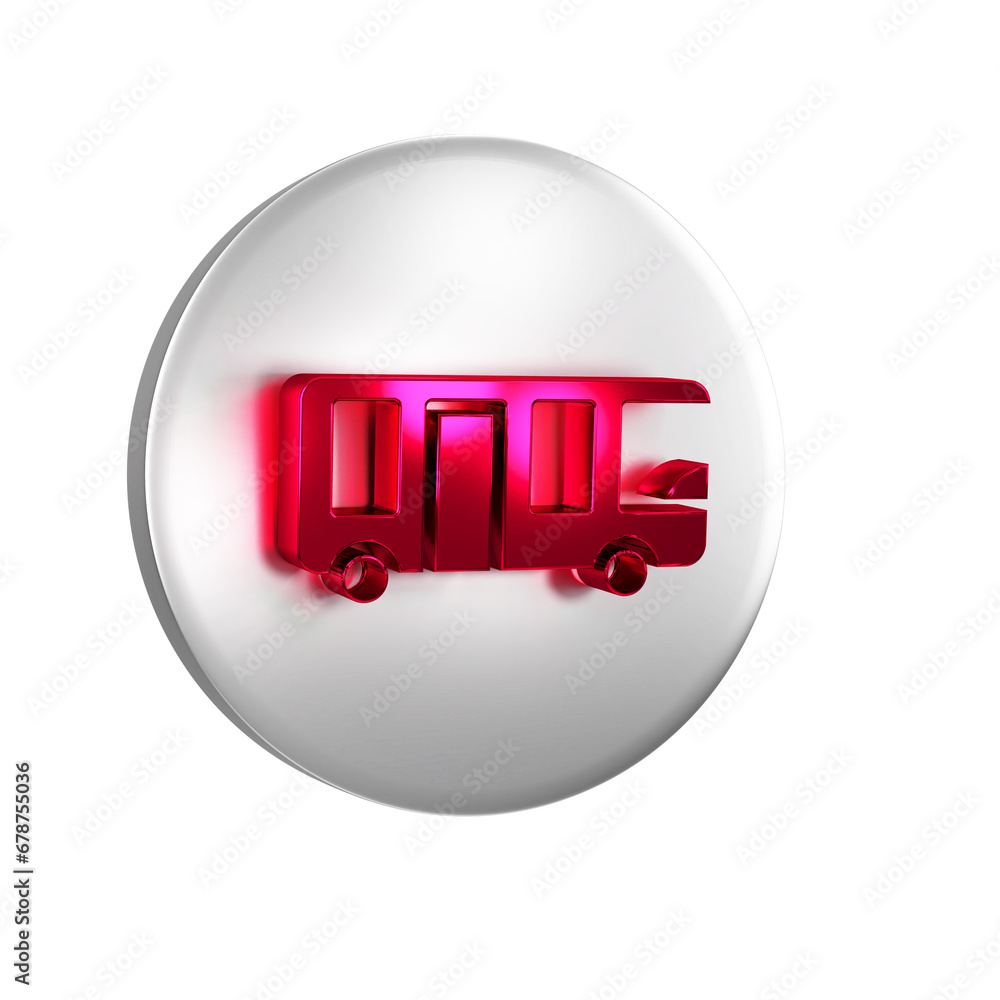 Poster red airport bus icon isolated on transparent background. silver circle button.