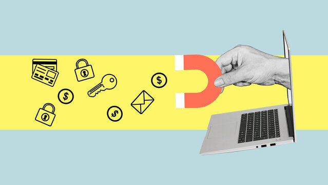 Collage with the hand with a magnet which collects personal data passwords and money. Theft of databases. Financial theft. Collection personal information. Spying surveillance on Internet users