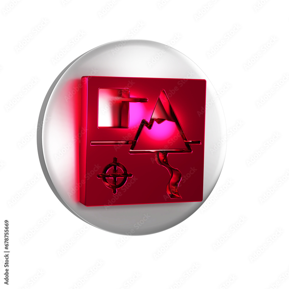 Poster red folded map icon isolated on transparent background. silver circle button.