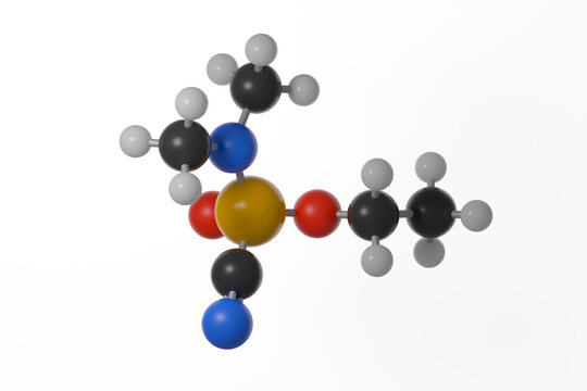 Ball and stick model of tabun molecule with triple bonds shown, against a white background