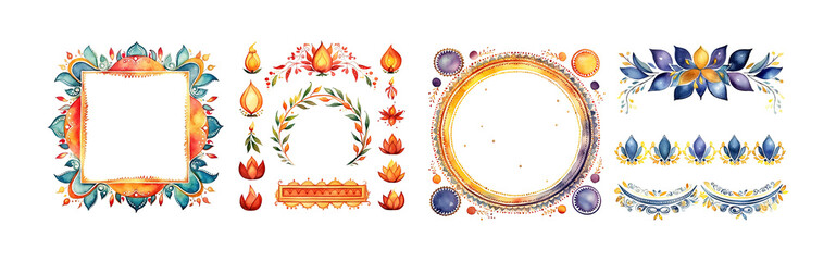 Watercolor diwali frame border ornament set. Hand drawn isolated on transparent background. - obrazy, fototapety, plakaty
