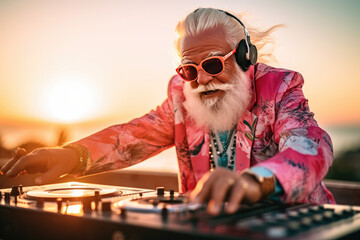 Funky DJ grandfather playing electro music on turntable. Dynamic senior lifestyle concept: Sunset of life in colors. - obrazy, fototapety, plakaty